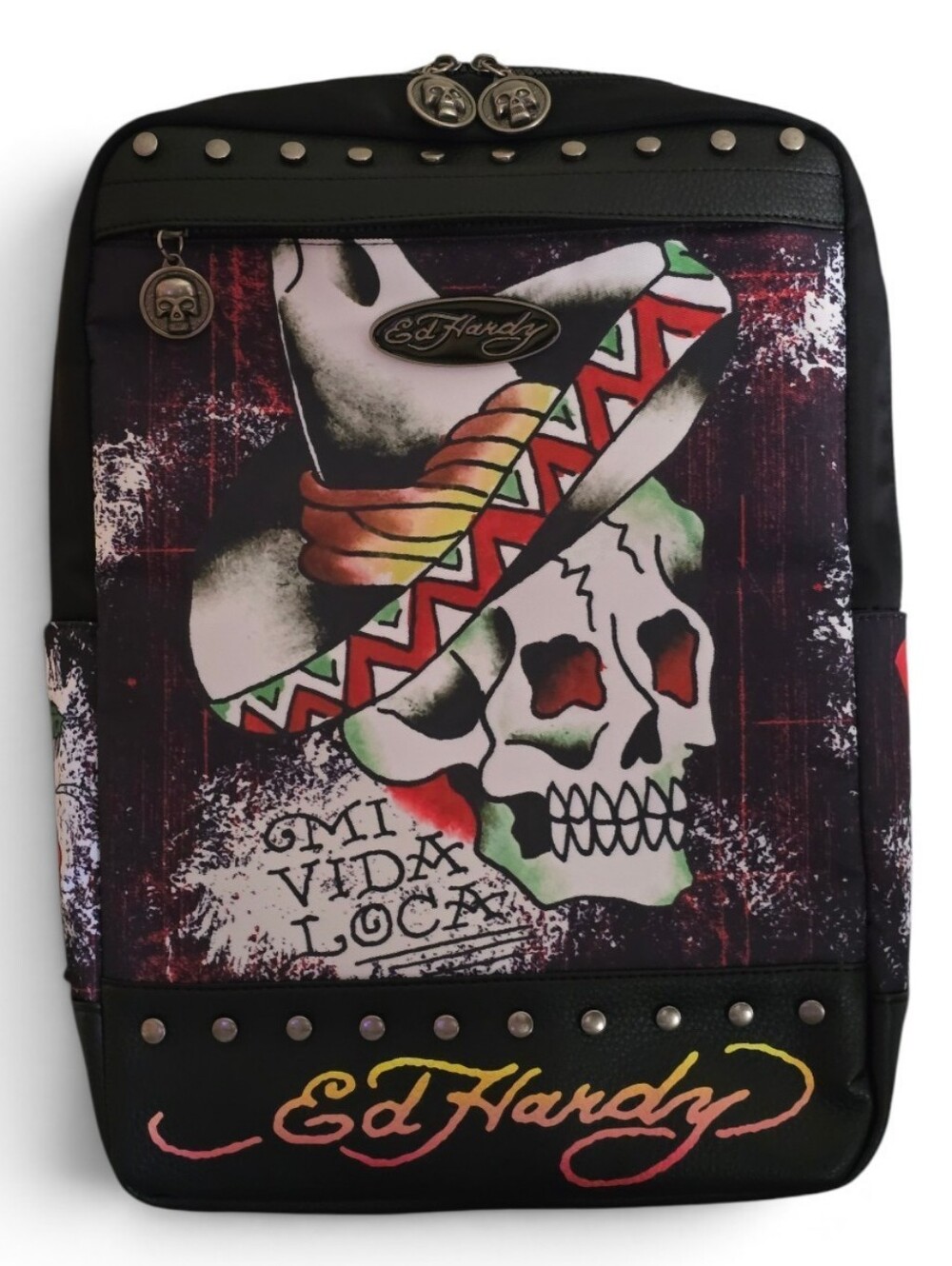 Ed Hardy Backpack Black Mi Vida Loca Skull Studded Tattoo Graphic Bag